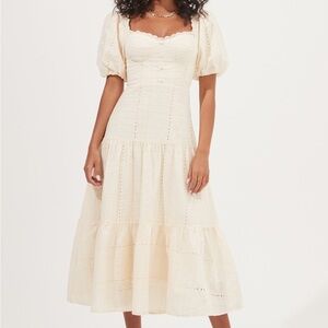 NWT ASTR The Label Baldwin Cream Midi Dress, Smocked with Puff Sleeves
